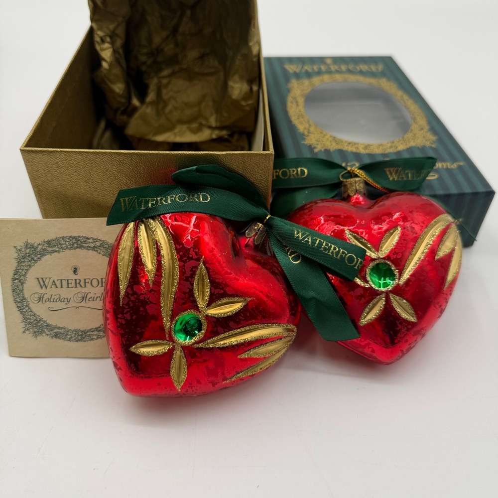 Vtg Waterford Holiday Heirlooms Red Glass Heart Christmas Ornaments Set of 2 Box